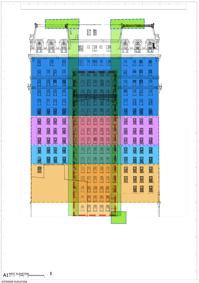 Exchange Building west elevation — color-coded zone mapping showing Hotel, Apartments, BnB, and Rehab zones